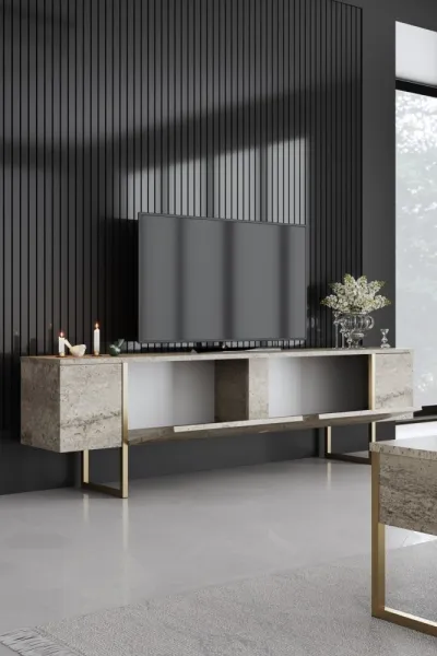 TV stolík Luxe - Travertine, Gold