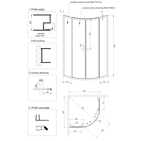 INVENA - Sprchovací kút štvrťkruh VITORIA, profil: chróm, sklo číre 80x80cm AK-49-185-O