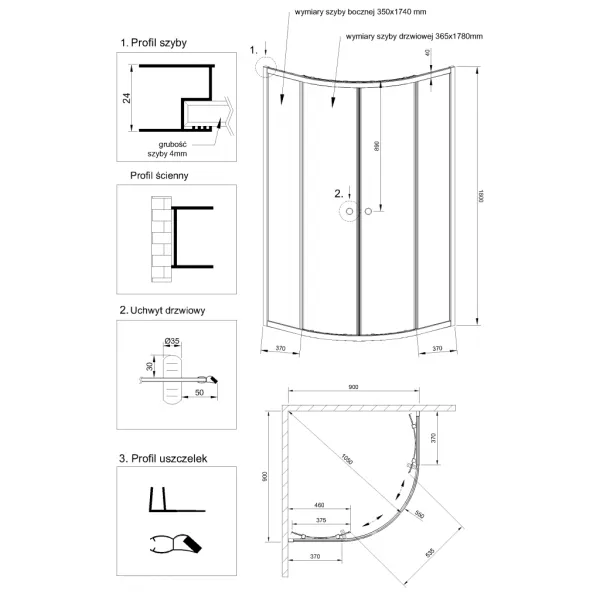 INVENA - Sprchovací kút štvrťkruh MARBELLA, profil: chróm, sklo frosted 90x90cm AK-46-191-O