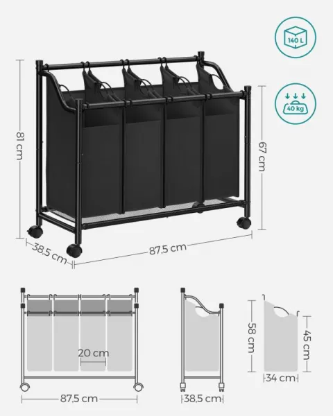 SONGMICS kôš na bielizeň 4×35 l, čierny