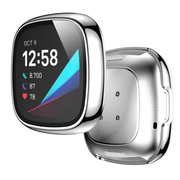 Plastový kryt s ochranným sklom pre Fitbit Versa 3 / Fitbit Sense strieborný