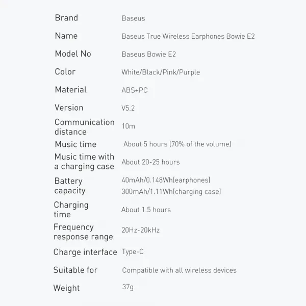 BASEUS BOWIE E2 Bezdrôtové slúchadlá biele