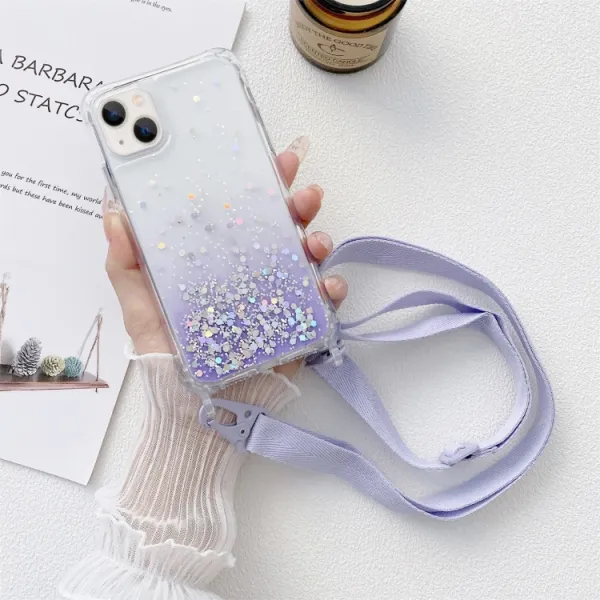 GLITTER Kryt so šnúrkou Apple iPhone 14 Plus fialový