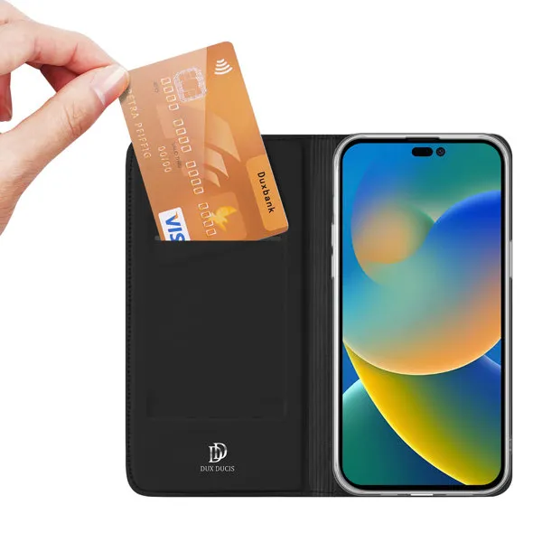 Dux Ducis Skin Pro knižkové kožené puzdro na iPhone 14 Pro Max, čierne