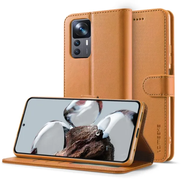 IMEEKE Peňaženkový kryt Xiaomi 12T / 12T Pro svetlohnedý