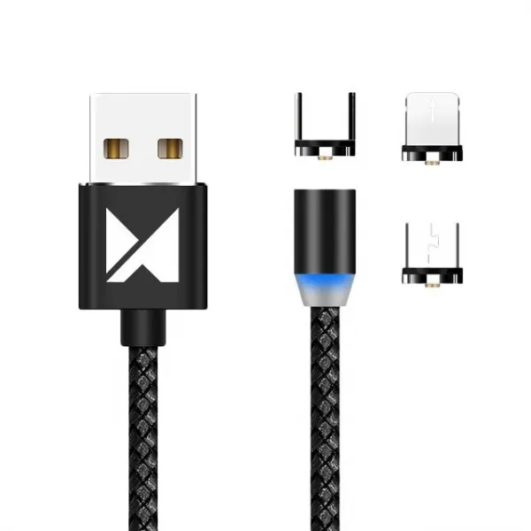 MG 3in1 magnetický USB kábel + plug adaptér Micro USB / USB-C / Lightning 1m, čierny (WMC-01)