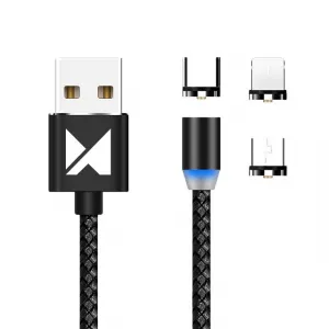 MG 3in1 magnetický USB kábel + plug adaptér Micro USB / USB-C / Lightning 1m, čierny (WMC-01)