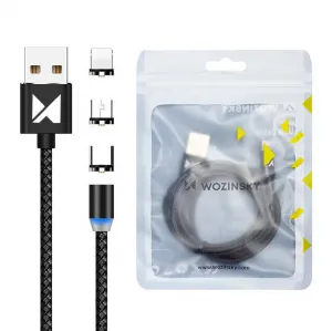 MG 3in1 magnetický USB kábel + plug adaptér Micro USB / USB-C / Lightning 1m, čierny (WMC-01)