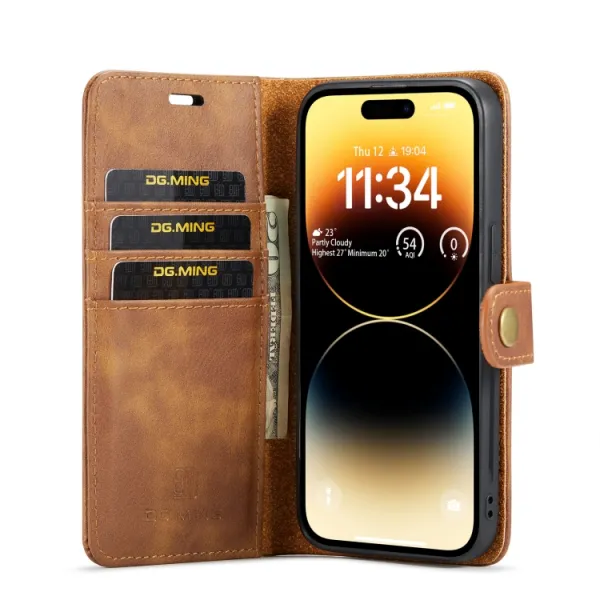 DG.MING Peňaženkový obal 2v1 Apple iPhone 14 Pro hnedý