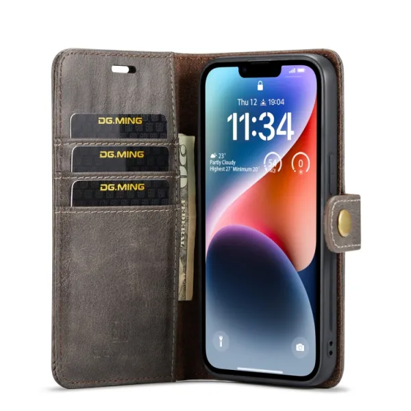 DG.MING Peňaženkový obal 2v1 Apple iPhone 14 Plus šedý