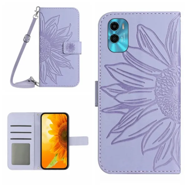 ART SUNFLOWER Peňaženkové puzdro s remienkom Motorola Moto E22s fialové