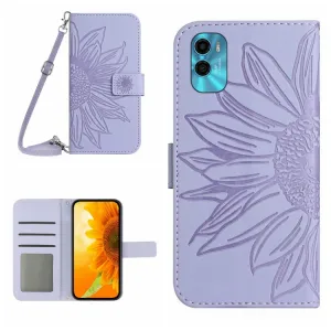 ART SUNFLOWER Peňaženkové puzdro s remienkom Motorola Moto E22s fialové
