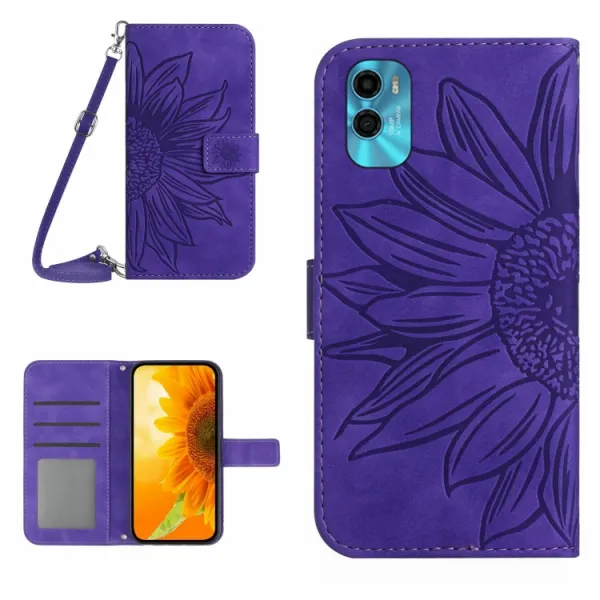 ART SUNFLOWER Peňaženkové puzdro s remienkom Motorola Moto E22s tmavofialové