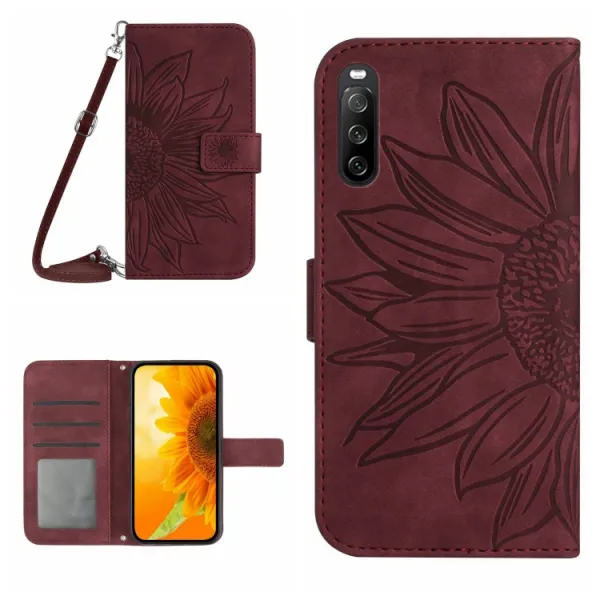 ART SUNFLOWER Peňaženkový obal so šnúrkou pre Sony Xperia 10 VI bordový