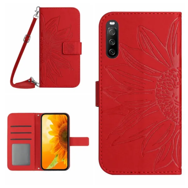 ART SUNFLOWER Peňaženkový obal so šnúrkou pre Sony Xperia 10 VI červený