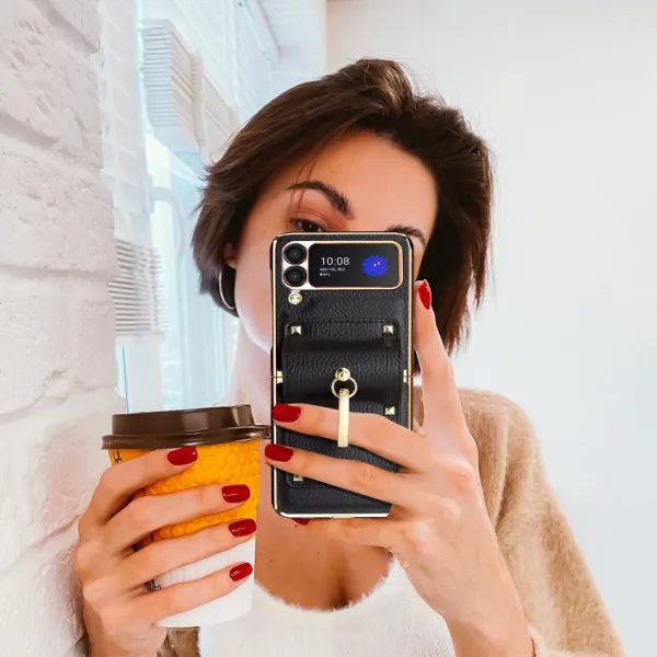 LEATHER Kryt s držiakom Samsung Galaxy Z Flip 3 5G ružový