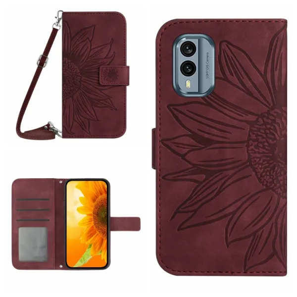 ART SUNFLOWER Peňaženkové puzdro s remienkom Nokia X30 bordové