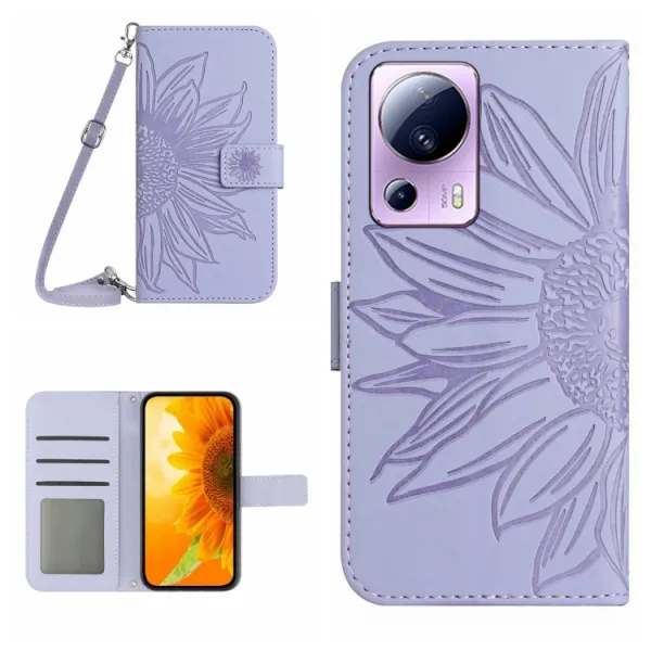 ART SUNFLOWER Peňaženkové puzdro s remienkom Xiaomi 13 Lite fialové