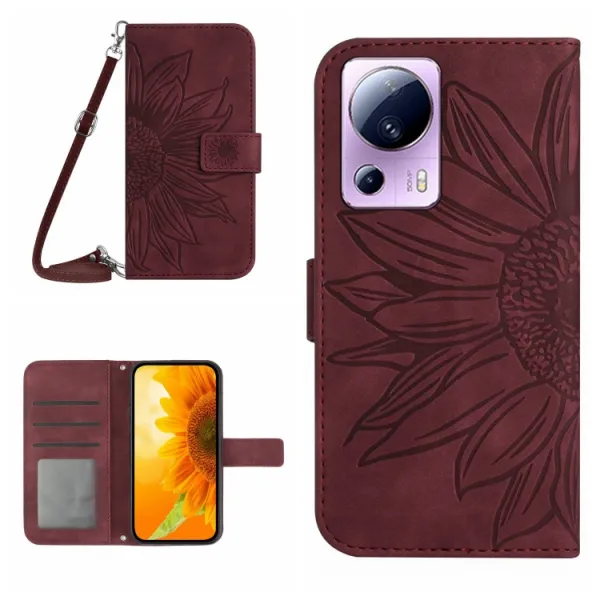 ART SUNFLOWER Peňaženkové puzdro s remienkom Xiaomi 13 Lite bordové