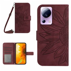 ART SUNFLOWER Peňaženkové puzdro s remienkom Xiaomi 13 Lite bordové