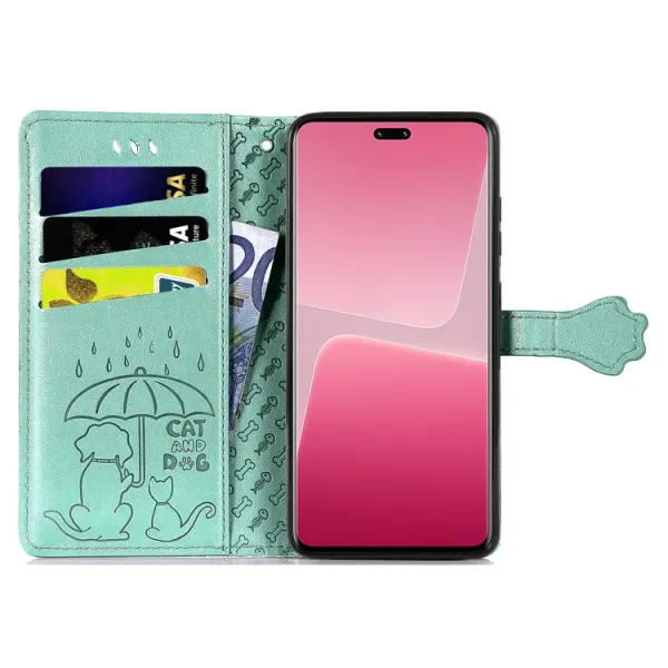 CUTE CAT Peňaženkový kryt Xiaomi 13 Lite zelený