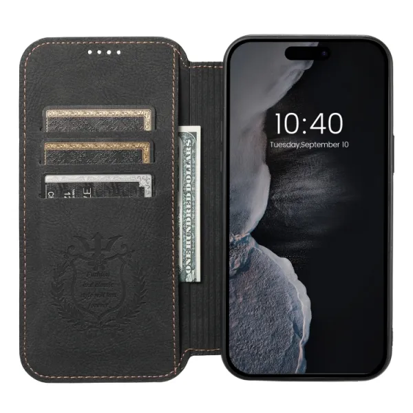 SUTENI RETRO Peňaženkové puzdro s MagSafe pre Apple iPhone 14 Pro Max čierne