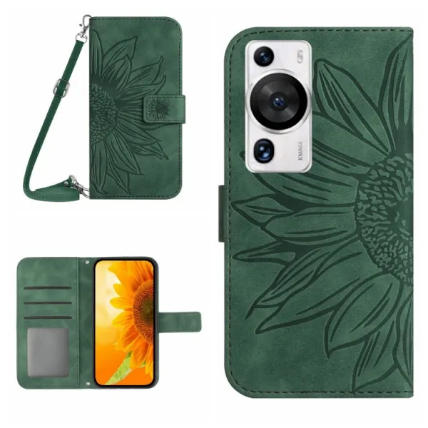ART SUNFLOWER Peňaženkové puzdro s remienkom Huawei P60 Pro zelené