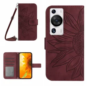 ART SUNFLOWER Peňaženkové puzdro s remienkom Huawei P60 Pro bordové