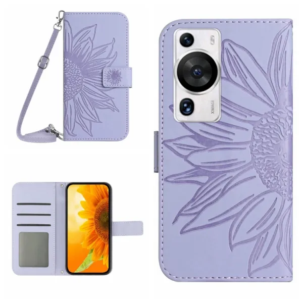 ART SUNFLOWER Peňaženkové puzdro s remienkom Huawei P60 Pro fialové