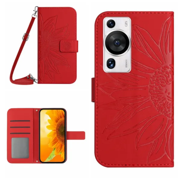 ART SUNFLOWER Peňaženkové puzdro s remienkom Huawei P60 Pro červené