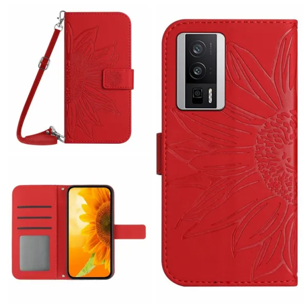ART SUNFLOWER Peňaženkové puzdro s remienkom Xiaomi Poco F5 Pro červené