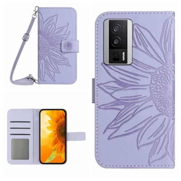 ART SUNFLOWER Peňaženkové puzdro s remienkom Xiaomi Poco F5 Pro fialové
