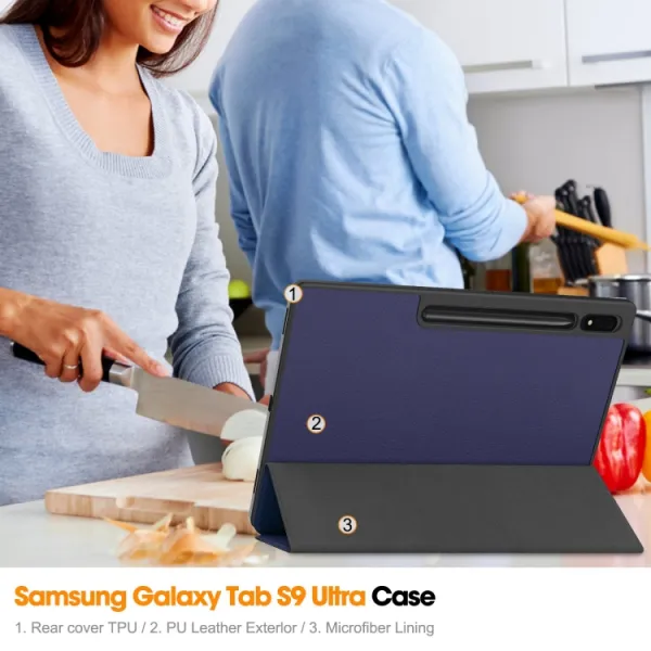 LEATHER Zaklápací obal pre Samsung Galaxy Tab S9 Ultra / Tab S10 Ultra tmavomodrý