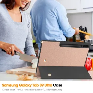 LEATHER Zaklápací obal pre Samsung Galaxy Tab S9 Ultra / Tab S10 Ultra ružovozlatý