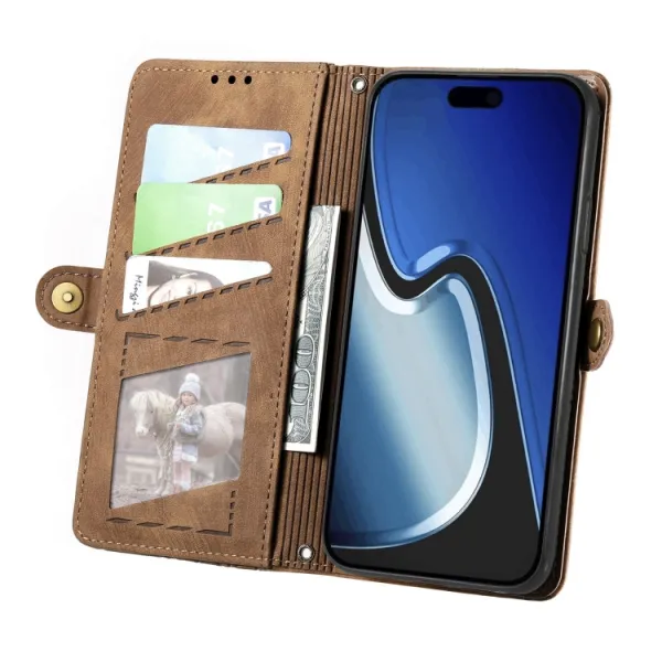 GEOM Peňaženkové puzdro pre Apple iPhone 15 Plus hnedé