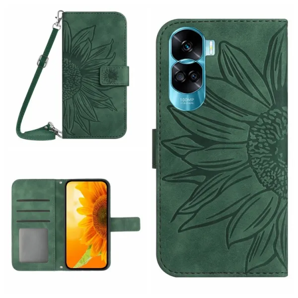 ART SUNFLOWER Peňaženkové puzdro s remienkom Honor 90 Lite 5G zelené