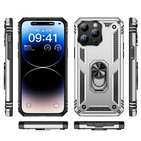 RING Obal s držiakom pre Apple iPhone 15 Plus strieborný