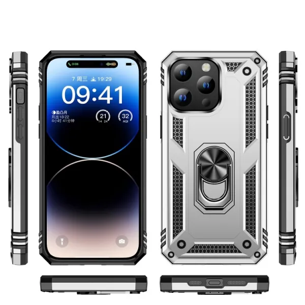 RING Obal s držiakom pre Apple iPhone 15 Pro Max strieborný