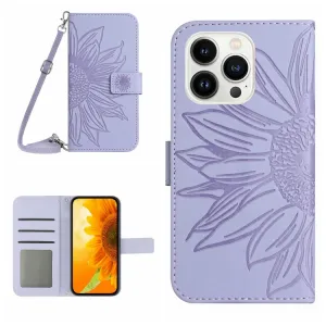 ART SUNFLOWER Peňaženkové puzdro s remienkom Apple iPhone 15 Pro Max fialové