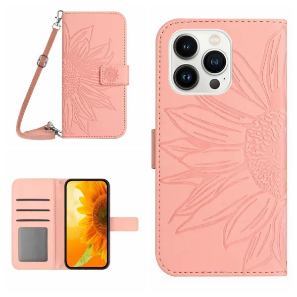 ART SUNFLOWER Peňaženkové puzdro s remienkom Apple iPhone 15 Pro Max ružové