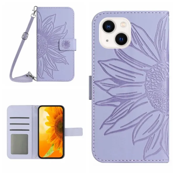 ART SUNFLOWER Peňaženkové puzdro s remienkom Apple iPhone 15 Plus fialové