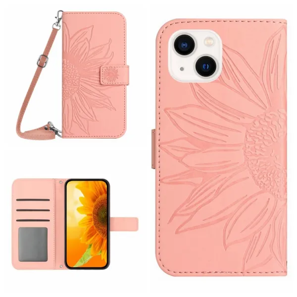 ART SUNFLOWER Peňaženkové puzdro s remienkom Apple iPhone 15 Plus ružové