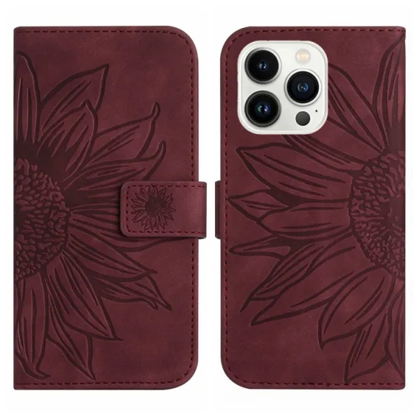 ART SUNFLOWER Peňaženkové puzdro s remienkom Apple iPhone 15 Pro bordové