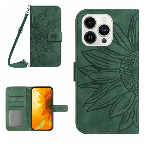 ART SUNFLOWER Peňaženkové puzdro s remienkom Apple iPhone 15 Pro Max zelené