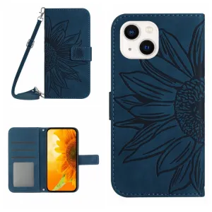 ART SUNFLOWER Peňaženkové puzdro s remienkom Apple iPhone 15 Plus modré