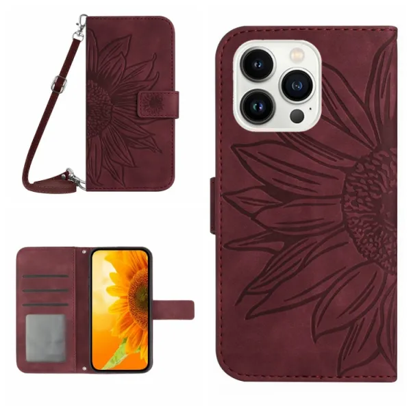ART SUNFLOWER Peňaženkový obal so šnúrkou pre Apple iPhone 16 Pro bordový