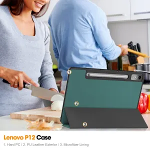 LEATHER PRO Zaklápací kryt pre Lenovo Tab P12 zelený