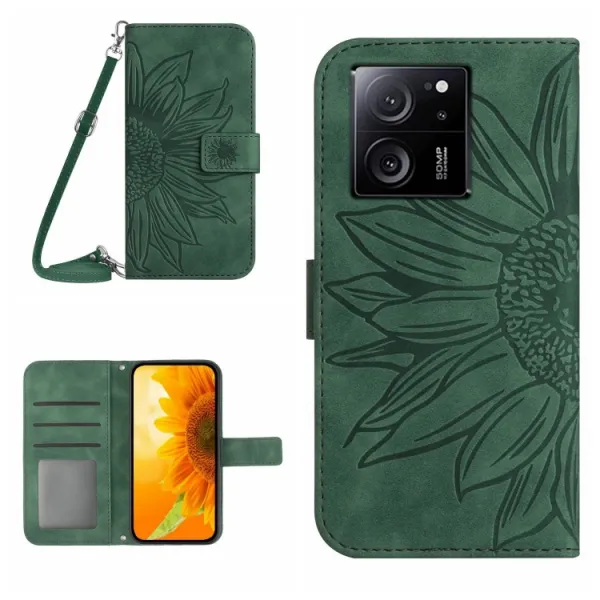 ART SUNFLOWER Peňaženkové puzdro s remienkom Xiaomi 13T / 13T Pro zelené