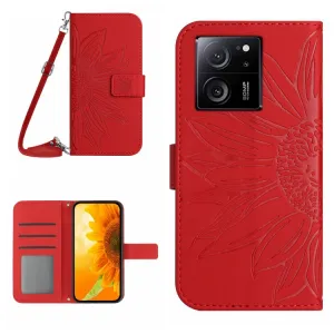 ART SUNFLOWER Peňaženkové puzdro s remienkom Xiaomi 13T / 13T Pro červené