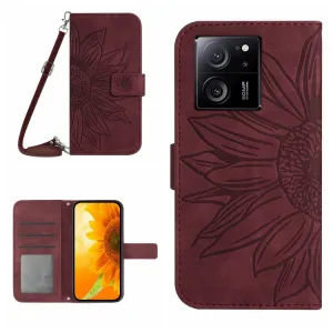 ART SUNFLOWER Peňaženkové puzdro s remienkom Xiaomi 13T / 13T Pro bordové